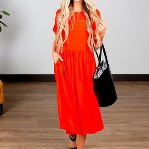 Red Gathered Waist Sweet Salt Midi Nursing Friendly with Pockets Size XL NWT